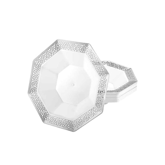 Lacetagon Silver Bowl – Elegant 5oz and 14oz disposable serving bowls with a shimmering silver finish for weddings, parties, and upscale events