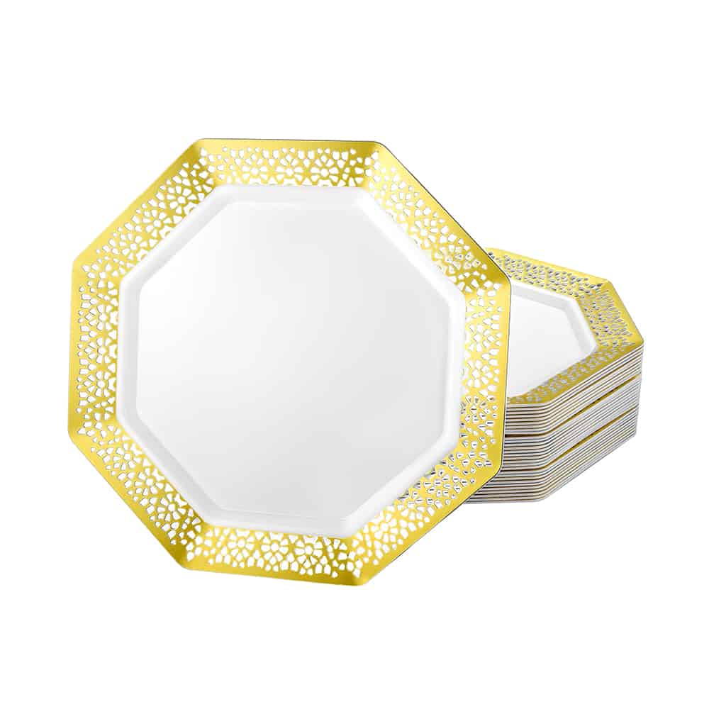 Lacetagon Gold Plates in 7.5", 9.25", and 11" sizes; elegant disposable plates for serving appetizers, desserts, and main courses at weddings, parties, and special events