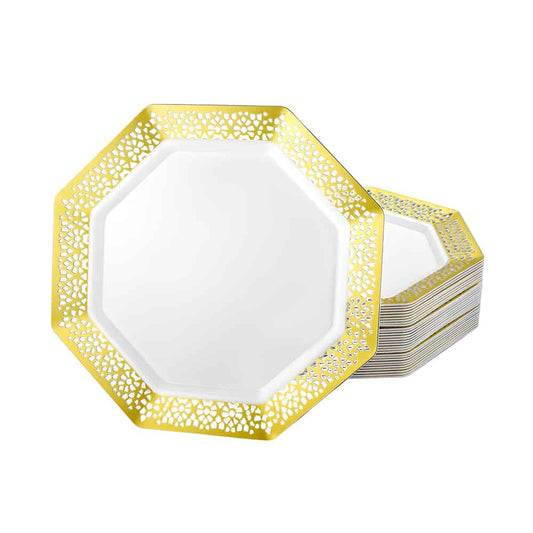 Lacetagon Gold Plates in 7.5", 9.25", and 11" sizes; elegant disposable plates for serving appetizers, desserts, and main courses at weddings, parties, and special events