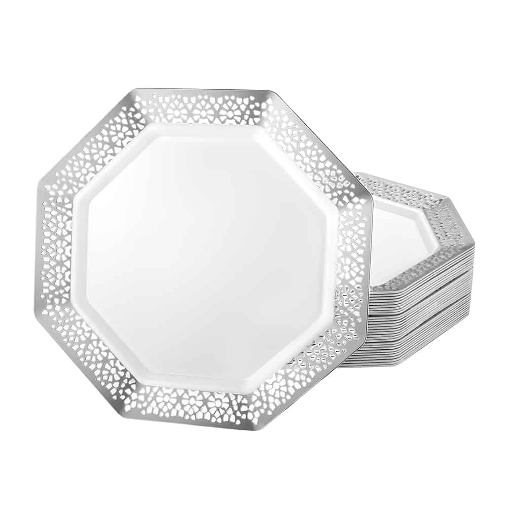 Lacetagon Silver Plates in 7.5", 9.25", and 11" sizes; elegant disposable plates for serving appetizers, desserts, and main courses at weddings, parties, and upscale events