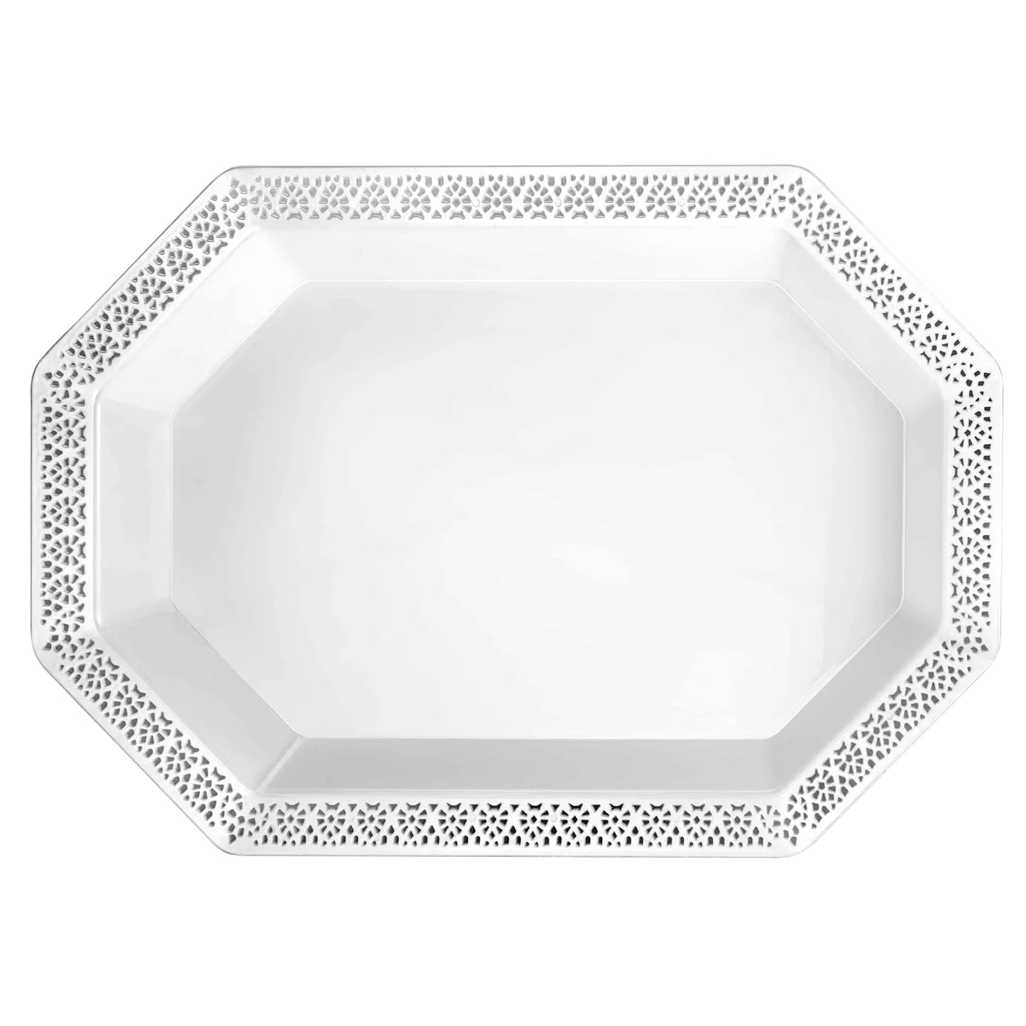 Lacetagon 9"x13" Pearl Plastic Tray – Elegant disposable serving tray for appetizers, desserts, and hors d'oeuvres at weddings, parties, and upscale events