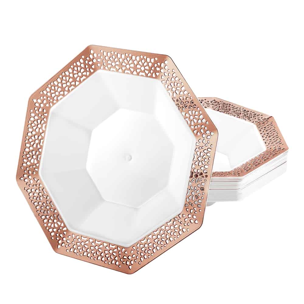 Lacetagon Rose Gold Bowl – Elegant 5oz and 14oz disposable serving bowls with a chic rose gold finish for weddings, parties, and upscale gatherings