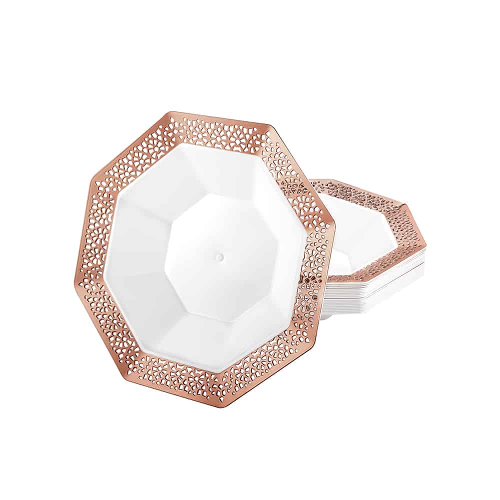 Lacetagon Rose Gold Bowl – Elegant 5oz and 14oz disposable serving bowls with a chic rose gold finish for weddings, parties, and upscale gatherings