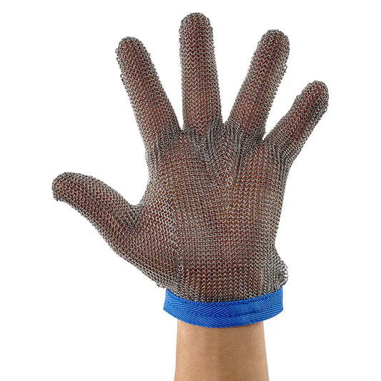 (Large, Medium, Small) Protective Mesh Glove 10/Pack made for meat processing, the rust-resistant 304l stainless steel rings that form these mesh gloves protect hands from cuts and punctures while deboning and butchering. Each glove is reversible and is fixed with a wrist strap that features a snap and cinch fastener to keep it secure.