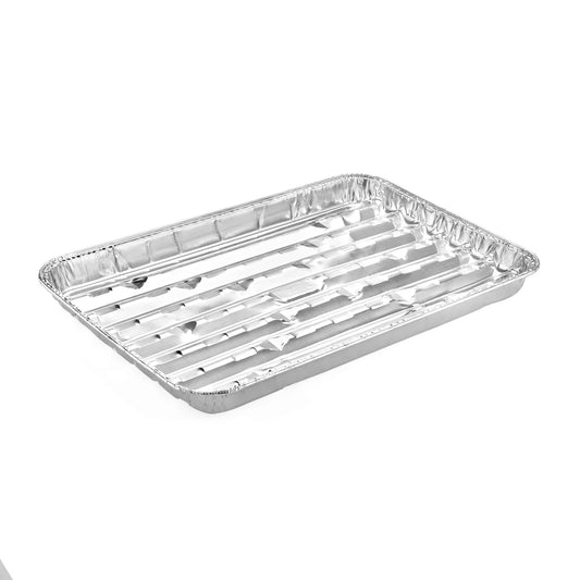 Large aluminum broiler pan for roasting, grilling, and broiling. Heavy-duty disposable foil tray, perfect for home, catering, BBQs, and commercial kitchens.