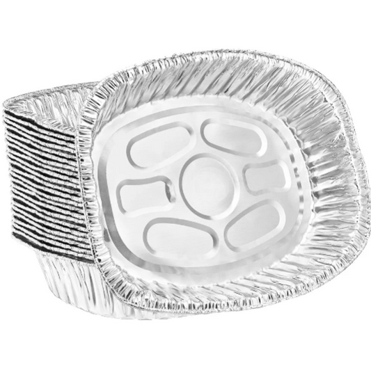 Large oval aluminum roaster for turkey, chicken, and ham. Durable, disposable, and perfect for home cooking, catering, and holiday meals. Ensures even heat distribution for great results.
