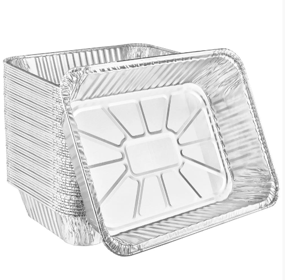 Large rectangular aluminum roaster for roasting meats, poultry, and vegetables. Disposable, durable, and perfect for home kitchens, catering, and holiday meals.