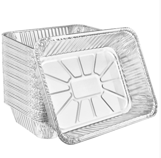 Large rectangular aluminum roaster for roasting meats, poultry, and vegetables. Disposable, durable, and perfect for home kitchens, catering, and holiday meals.
