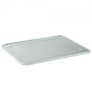 Large aluminum roaster with half-size lid for roasting, baking, and catering. Secure fit retains heat and moisture. Durable, disposable, and recyclable for easy use and cleanup.