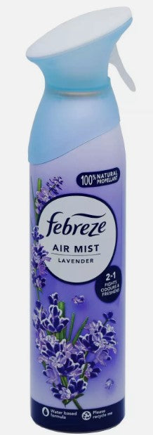 Febreze Lavender air freshener spray, 185 ml, eliminates odors and leaves a light, calming lavender scent.