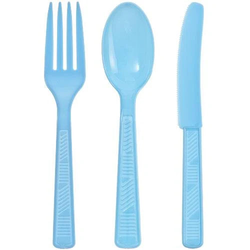 Colorful plastic cutlery set in pink, red, light blue, hot pink, silver, gold, blue, and black. Includes a fork, spoon, and knife. Durable, disposable, and perfect for events, catering, and takeout.