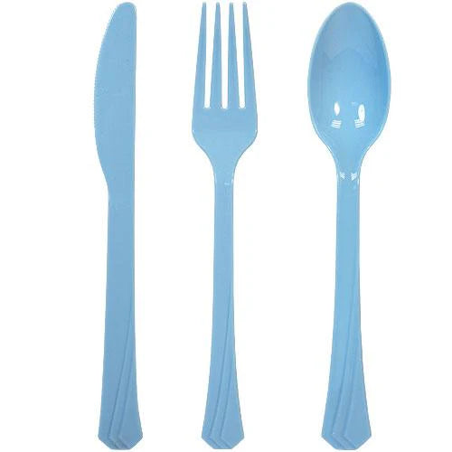 Plastic cutlery combo set with forks, knives, and spoons in Clear, Pearl, Yellow, Pink, Hydrangea, Light Blue, Silver, Gold, Island Blue, Red, Orange, Blue, Black, Hot Pink & Lime Green.