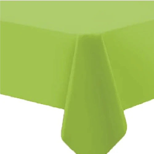 54"x108" table cover in white, red, blue, ivory, yellow, silver, lime green, hot pink, orange, black, green, gold, purple, and hunter green. Durable, disposable, and perfect for events.