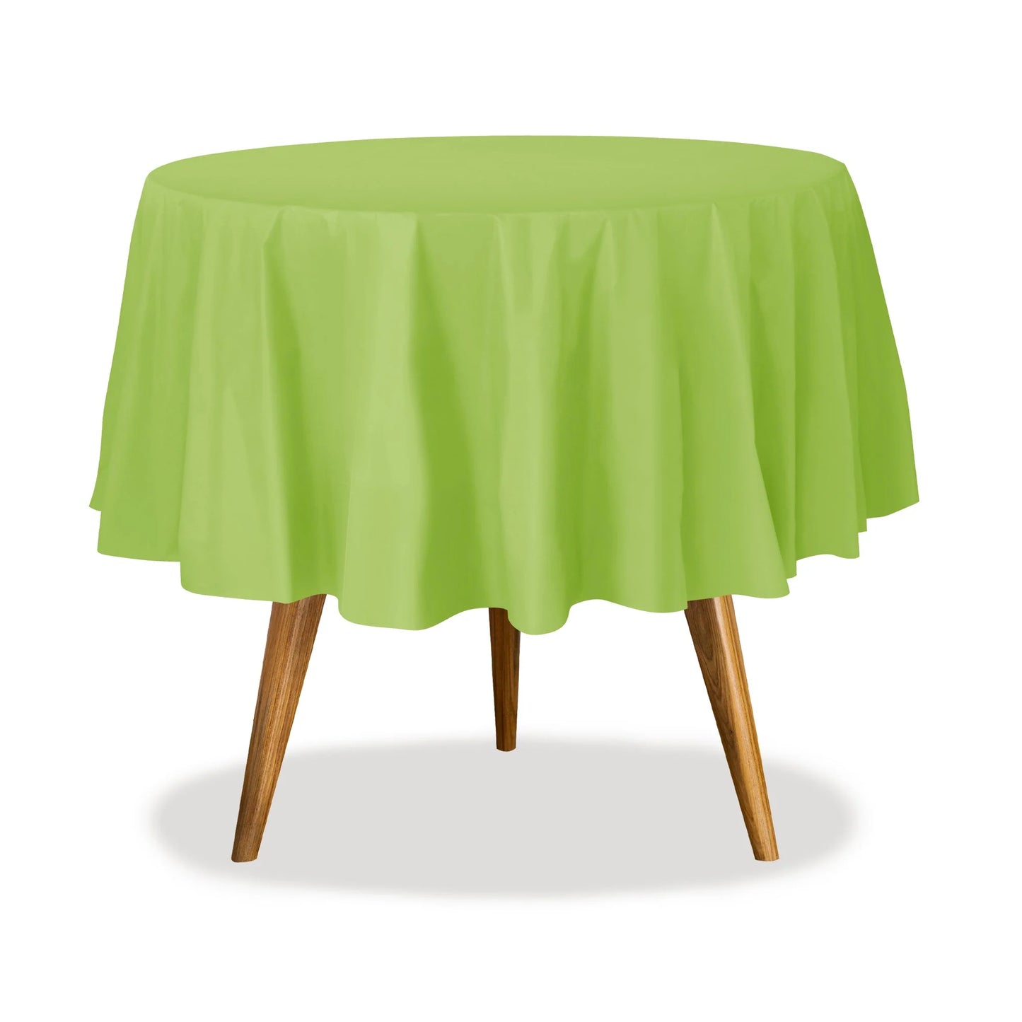 84" round table cover in white, red, blue, gold, yellow, black, silver, lime green, hot pink, orange, purple, and green. Durable, disposable, and perfect for events, parties, and catering.