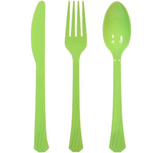 Plastic cutlery combo set with forks, knives, and spoons in Clear, Pearl, Yellow, Pink, Hydrangea, Light Blue, Silver, Gold, Island Blue, Red, Orange, Blue, Purple, Black, Hot Pink & Lime Green.