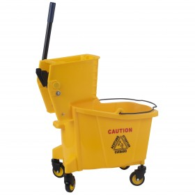 Stanton Trading 35-quart mop bucket, side press wringer, 3" casters, yellow. Designed for efficient cleaning, featuring a durable plastic bucket with a high-efficiency wringer, easy mobility, and a caution symbol for safety awareness.