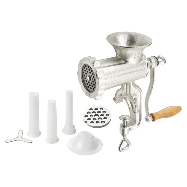 Clamp Base Manual Meat Grinder Winco 2/Pack designed with a robust #10 hub, this grinder offers versatility and precision for all your meat processing needs. The inclusion of two stainless steel plates and three stuffing tubes makes it an indispensable tool for restaurants, hotels, and catering services aiming for top-notch culinary creations. With its manual operation, it allows for a personal touch in meat grinding, ensuring your dishes retain their homemade appeal while achieving professional
