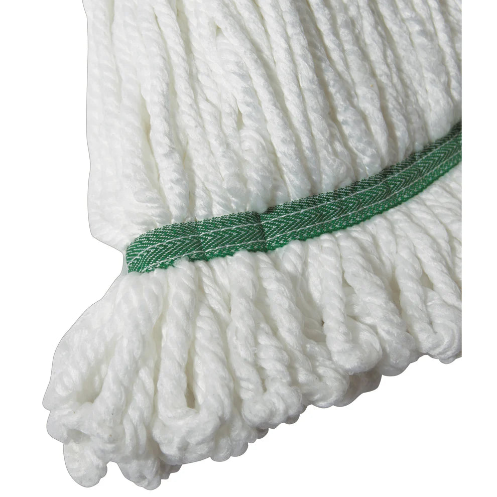 Winco MOPM-L/M, White/Green Bands Looped End Microfiber Mop Head