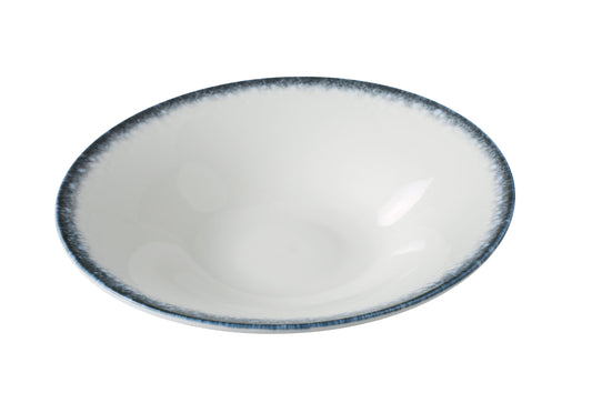 Yanco Soup/Salad Plate MR-410 is a versatile and elegant option for serving everything from hearty soups to vibrant salads. With a generous 22 oz volume and gently sloped sides, it ensures practical functionality while enhancing food presentation. The deep blue rim against the white porcelain creates a stylish contrast, making it a standout addition to modern or upscale dining environments.