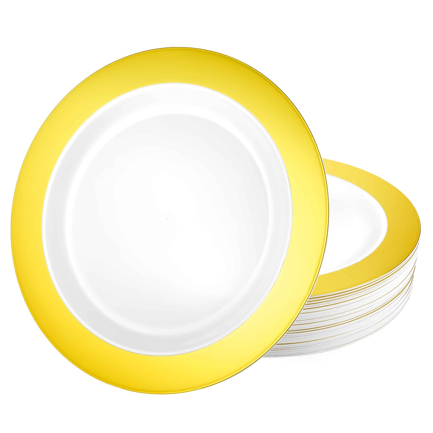 Magnificence Gold disposable plates in 7.5-inch, 9.25-inch, and 10.25-inch sizes for elegant dining, weddings, upscale events, and formal parties
