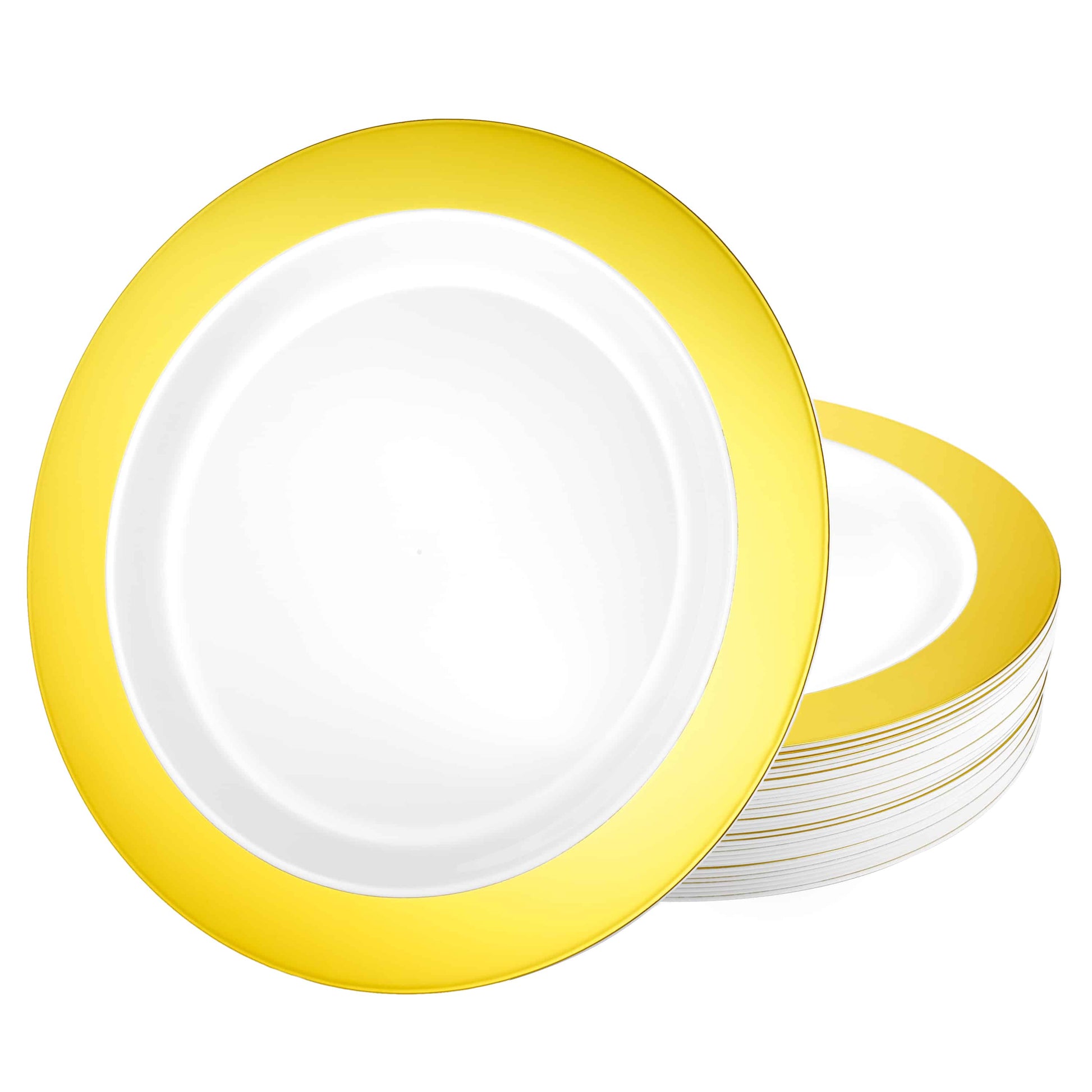 Magnificence Gold disposable plates in 7.5-inch, 9.25-inch, and 10.25-inch sizes for elegant dining, weddings, upscale events, and formal parties