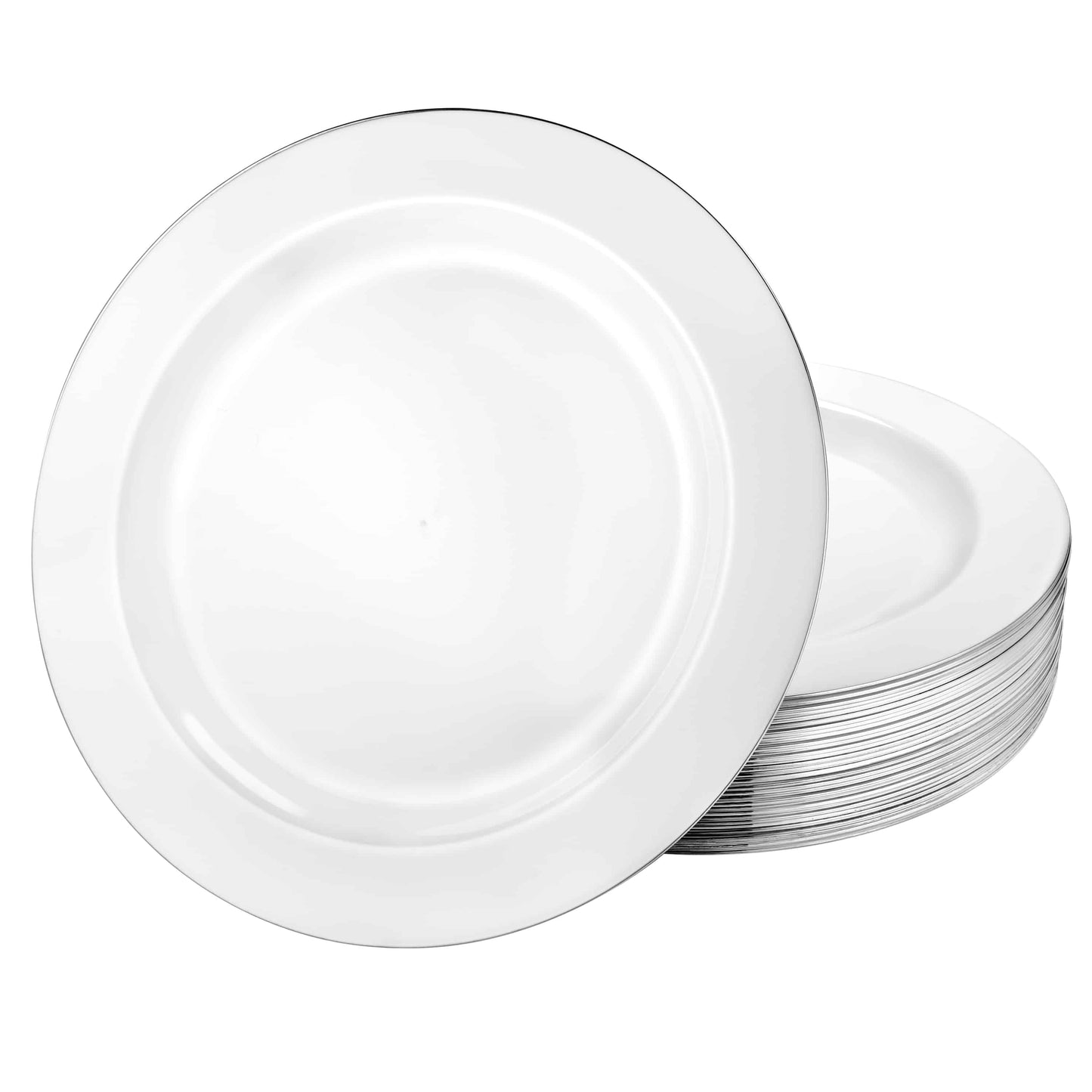 Magnificence Silver Edge disposable plate for elegant dining, available in 6.25, 7.5, 9.25, and 10.25-inch sizes for events, parties, and weddings