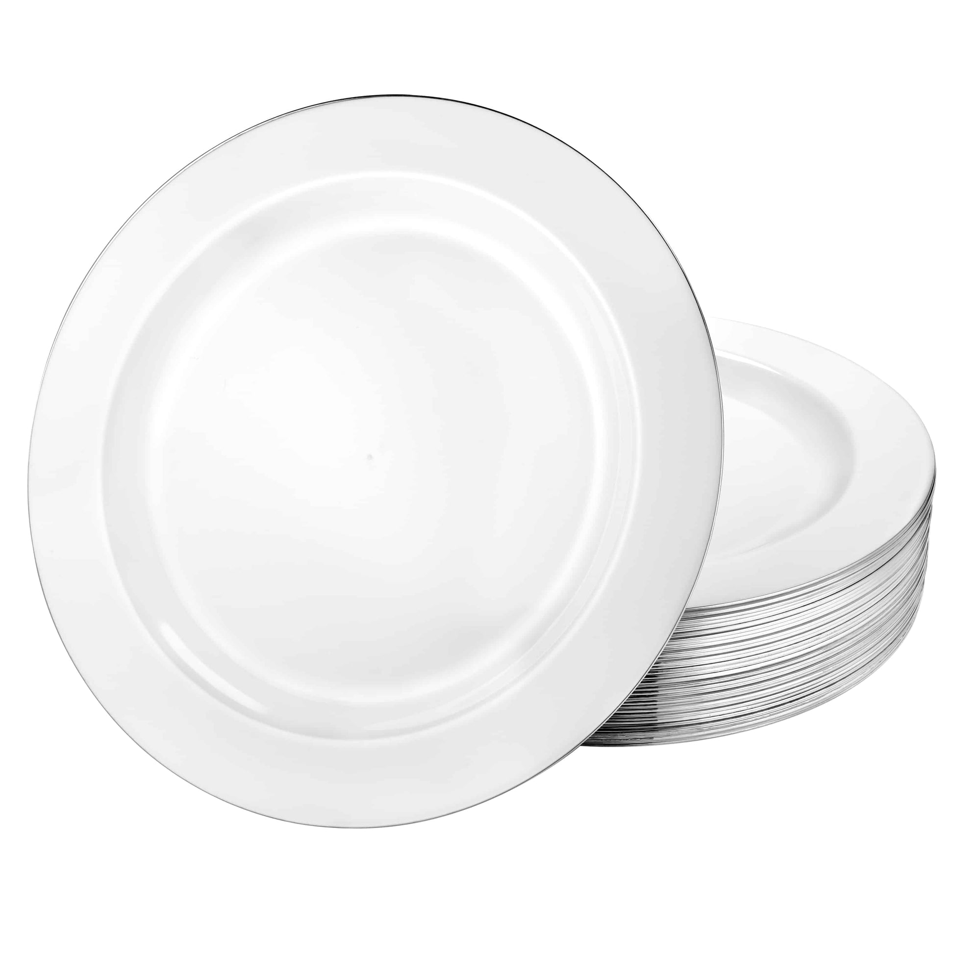 Magnificence Silver Edge disposable plate for elegant dining, available in 6.25, 7.5, 9.25, and 10.25-inch sizes for events, parties, and weddings