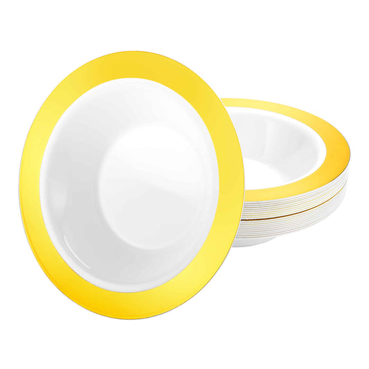 Magnificence 14 oz. gold disposable bowl for salads, soups, and desserts at elegant events, weddings, and upscale gatherings