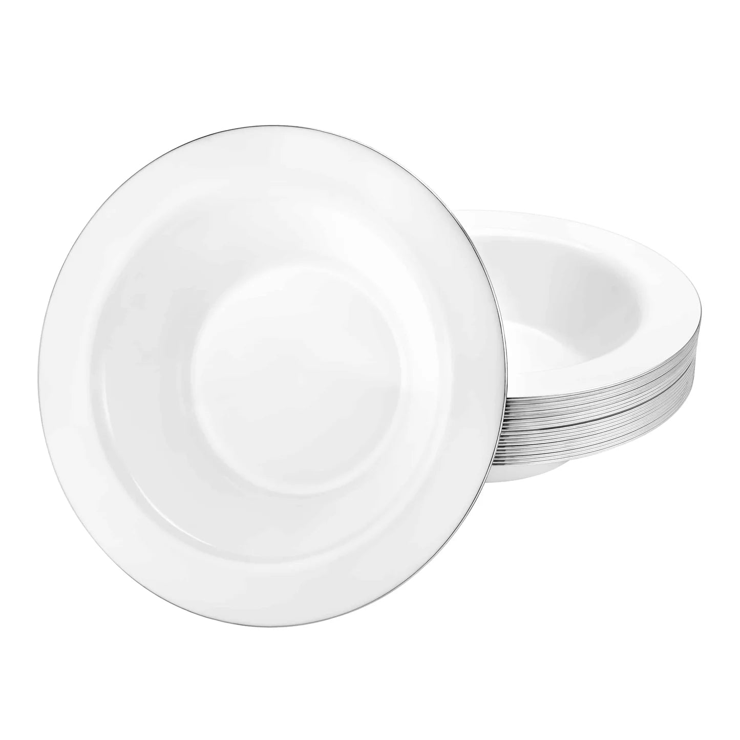 Magnificence Silver Edge disposable bowl, available in 5 oz and 14 oz sizes, ideal for serving soups, salads, and desserts at weddings and events