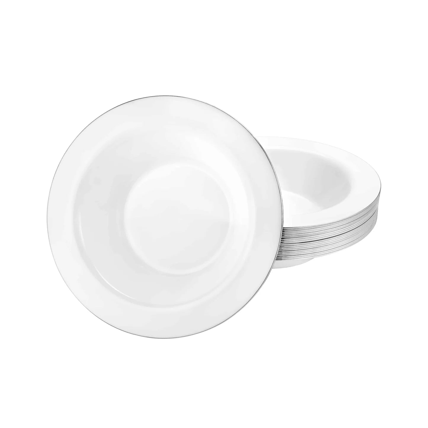 Magnificence Silver Edge disposable bowl, available in 5 oz and 14 oz sizes, ideal for serving soups, salads, and desserts at weddings and events
