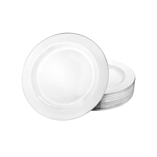 Magnificence Silver Edge disposable plate for elegant dining, available in 6.25, 7.5, 9.25, and 10.25-inch sizes for events, parties, and weddings