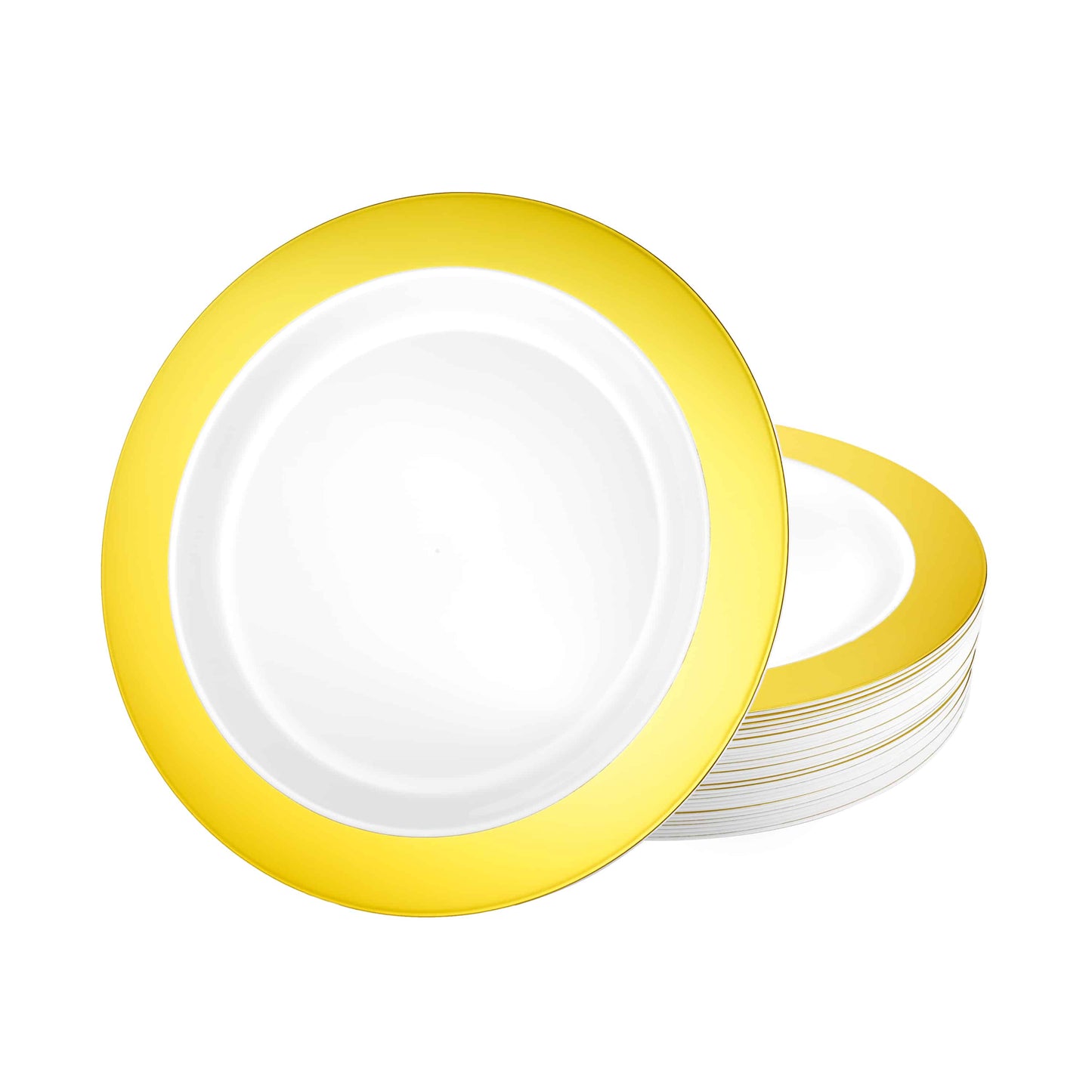 Magnificence Gold disposable plates in 7.5-inch, 9.25-inch, and 10.25-inch sizes for elegant dining, weddings, upscale events, and formal parties