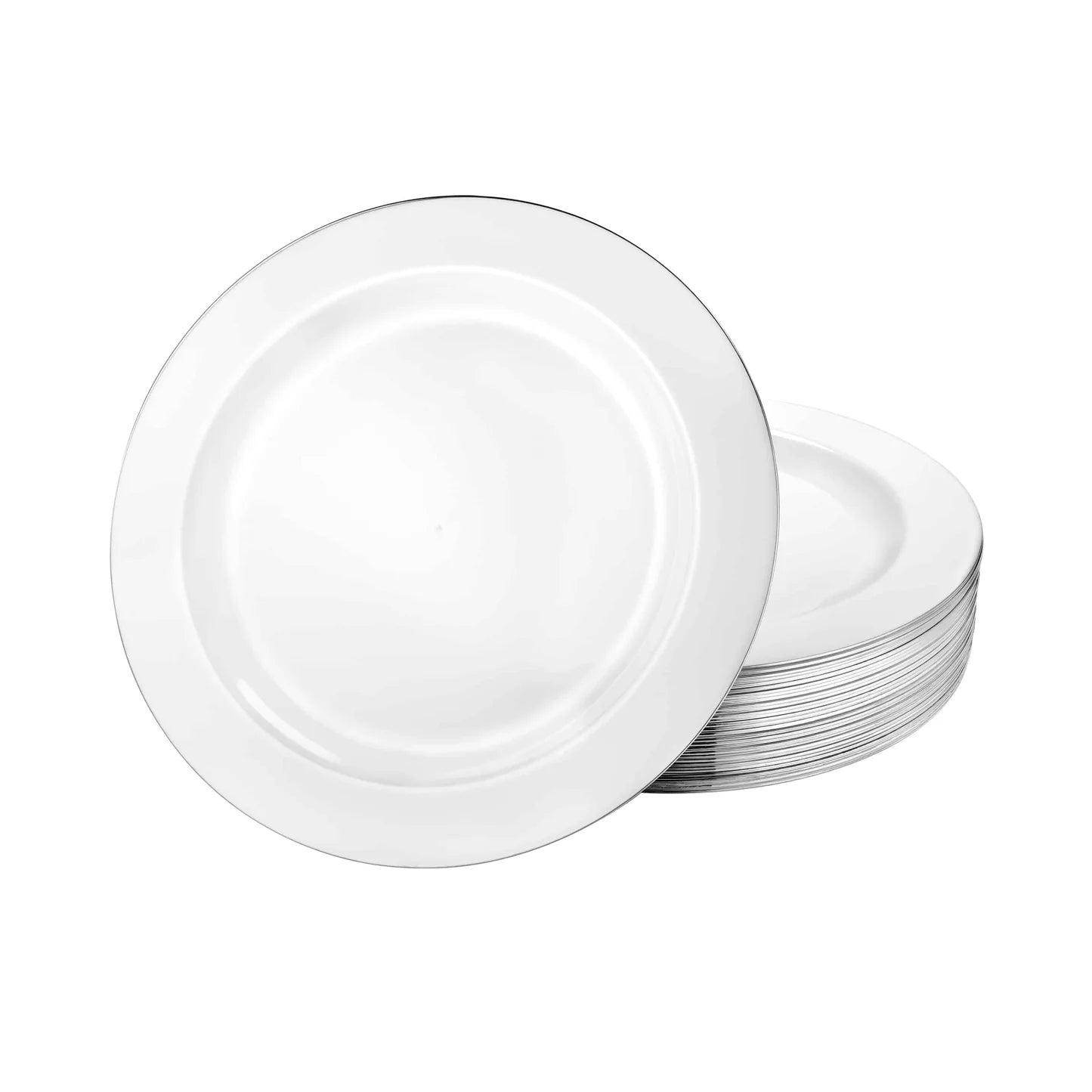 Magnificence Silver Edge disposable plate for elegant dining, available in 6.25, 7.5, 9.25, and 10.25-inch sizes for events, parties, and weddings