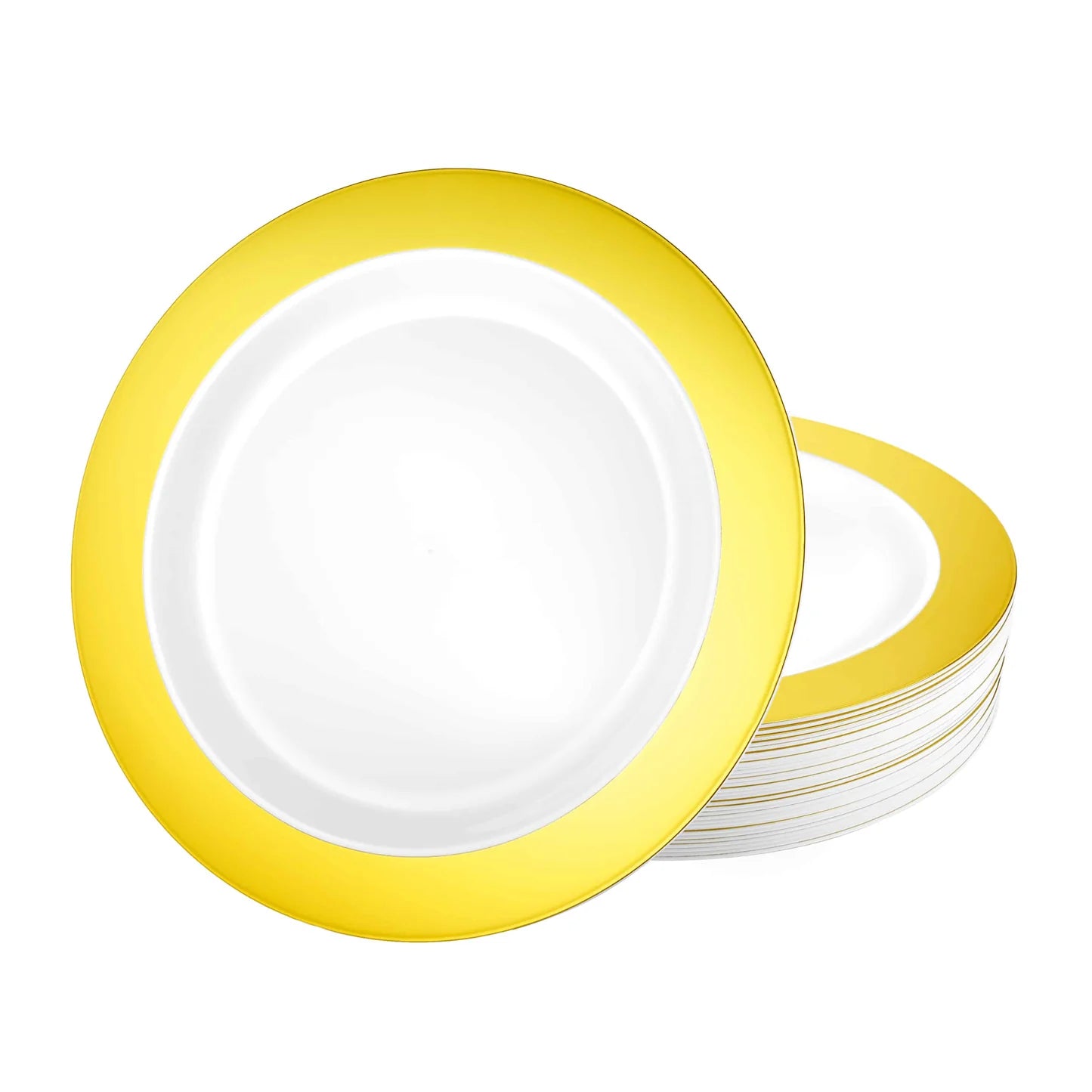 Magnificence Gold disposable plates in 7.5-inch, 9.25-inch, and 10.25-inch sizes for elegant dining, weddings, upscale events, and formal parties