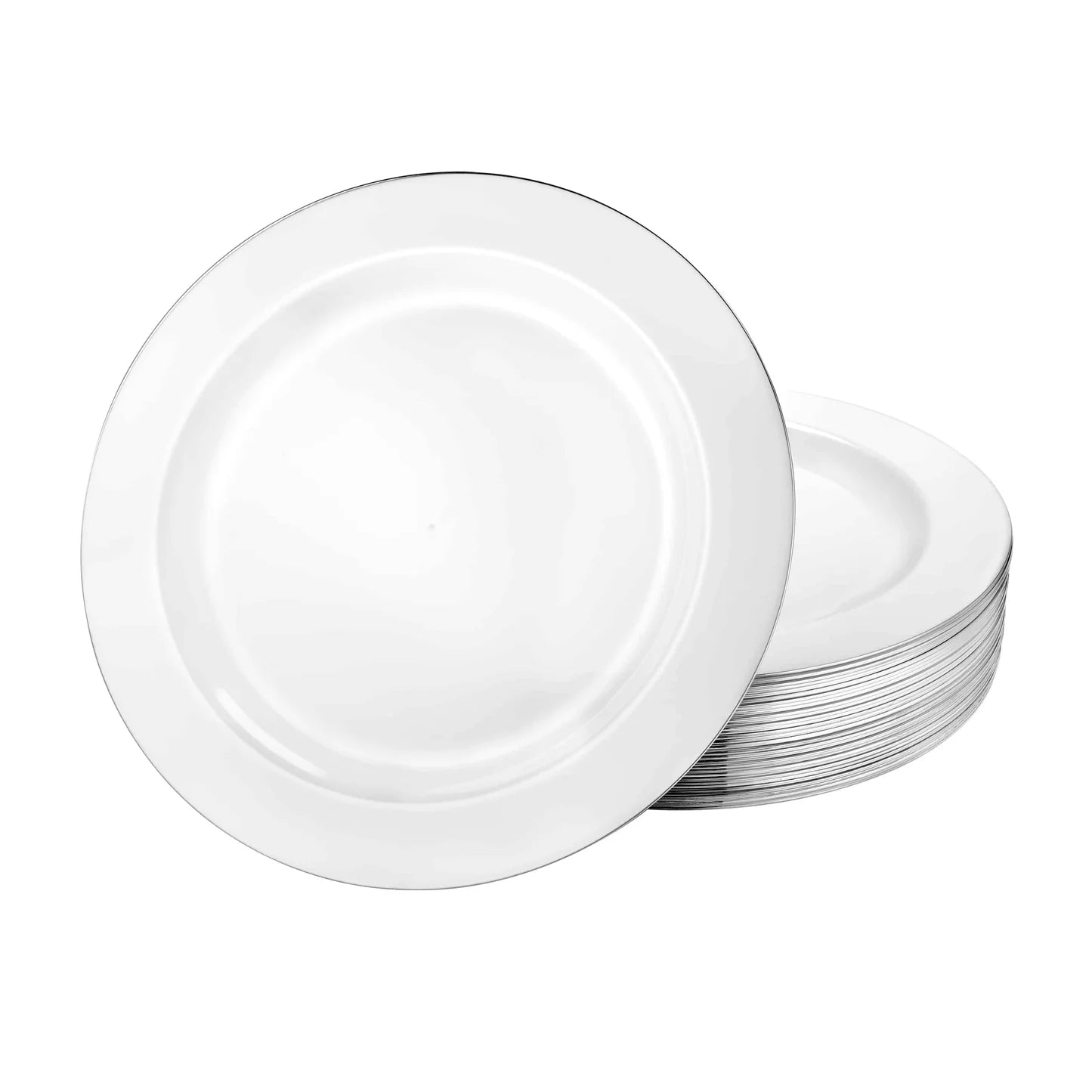 Magnificence Silver Edge disposable plate for elegant dining, available in 6.25, 7.5, 9.25, and 10.25-inch sizes for events, parties, and weddings
