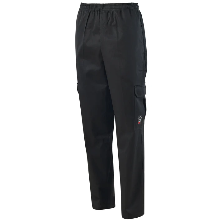 Cargo Chef Pants (L, M, S, XL, XS, 2XL) 12/Pack these pull-on style pants feature a drawstring secure fastening. The lightweight 65/35 poly-cotton blend ensures maximum breathability ideal for chefs and line cooks in hot hotel and restaurant kitchens. The black pants offer ample storage with dual cargo pockets, dual on-seam pockets and dual rear pockets. The traditional styling of these pants adds an upscale flare that elevates any dining experience