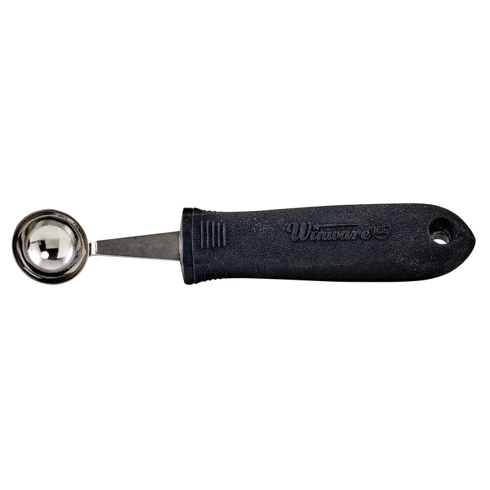 Melon Baller with Soft Grip Handle 12/Pack constructed from stainless steel. The ergonomic non-slip nylon handle, meanwhile, guarantees comfortable, fatigue-free performance. A handy kitchen gadget, this melon baller is designed to scoop melon flesh out to make small, perfectly shaped melon balls to use for beautiful melon ball presentations at parties and dinner events.