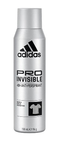 Adidas Pro Invisible Body Spray Deodorant 150 ml can with anti-stain formula.