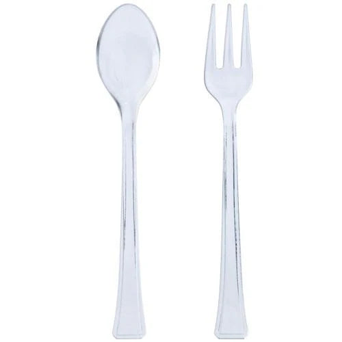 A mini clear combo set with disposable forks and spoons, perfect for parties, events, catering, picnics, or everyday dining with a sleek and elegant design.