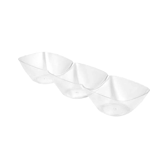 Mini 3-dip dish with three separate sections, perfect for serving sauces, dips, and condiments at parties, catering events, and home dining with a stylish and functional design.