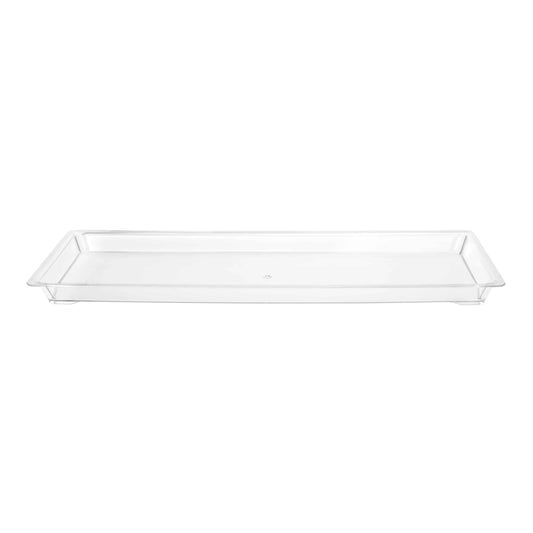 Mini 5.5" x 13.5" clear serving tray, perfect for displaying appetizers, desserts, and snacks at parties, catering events, and special occasions with a sleek and elegant design.