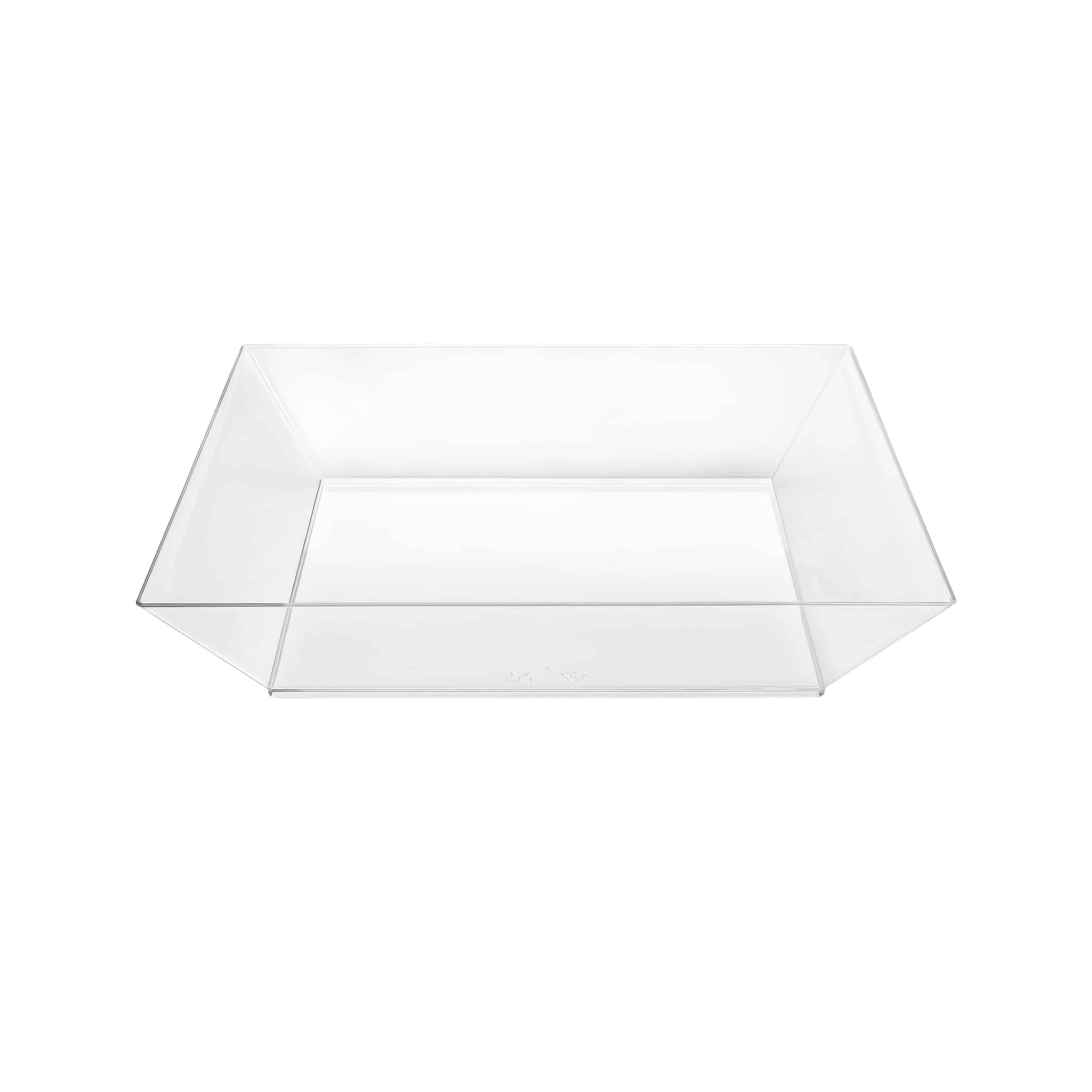 Mini 6.75" clear square tray, perfect for serving appetizers, desserts, and small bites at parties, catering events, and special occasions with a sleek and elegant design.