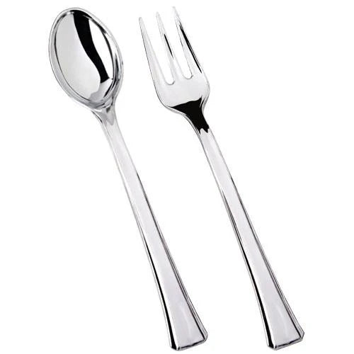 Mini polished silver combo set with disposable forks and spoons, featuring a sleek metallic finish, perfect for weddings, parties, catering, and upscale dining events.