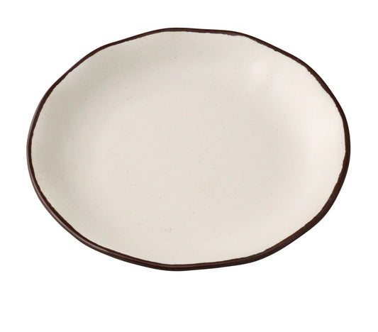 Yanco Round Plate NA-107 Crafted from durable melamine, offering a reliable solution for both commercial and residential use. The melamine construction provides excellent break resistance, making it ideal for busy restaurants, hotels, and cafes where durability is essential. Finished in a sophisticated ivory color with a subtle brown rim, this plate complements a variety of table settings and enhances the presentation of bread, butter, or small side dishes. 