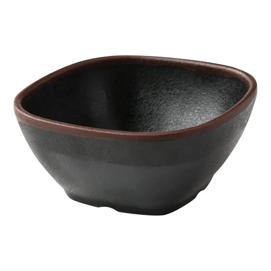 Yanco Square Miso Soup Bowl NA-505BK Made from high-quality melamine, this server is durable and lightweight. Its square shape and break-resistant nature make it ideal for frequent use in commercial dining settings. This server is designed to be dishwasher safe, ensuring easy and efficient cleaning, which is essential for high-turnover environments. The black color with a speckled finish and brown rim adds a touch of elegance to the presentation of sauces and condiments. 