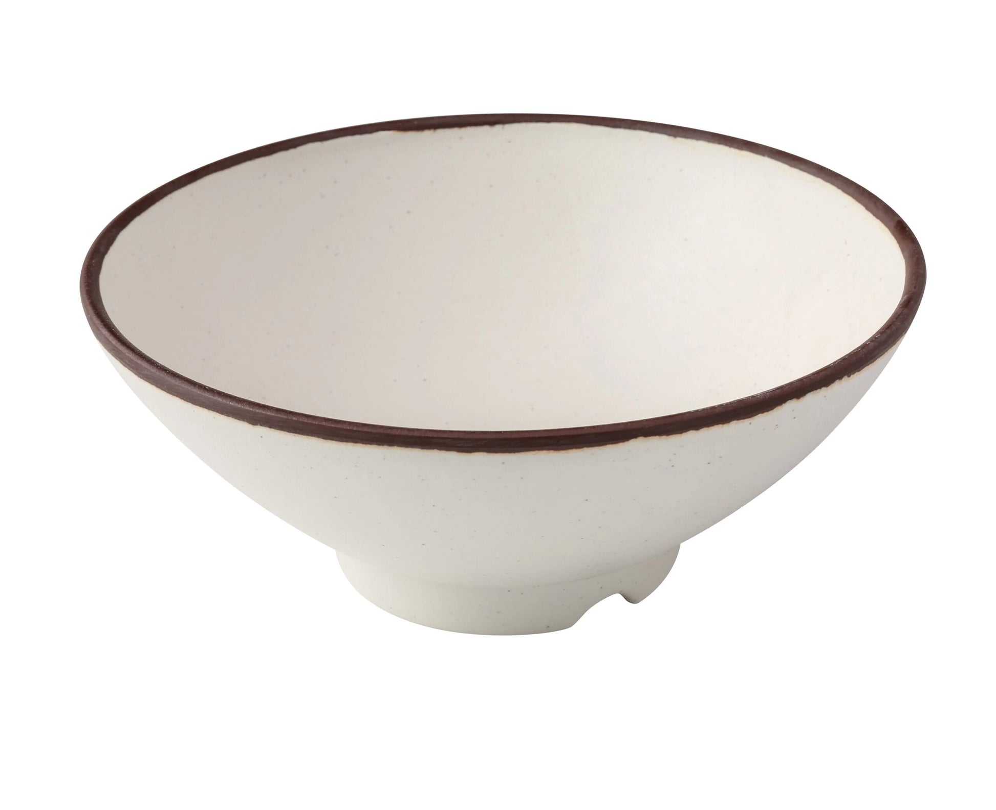 Yanco Ramen Bowl NA-607 Crafted from melamine, this bowl offers a 26-ounce capacity, making it suitable for a variety of dishes. It is both break-resistant and dishwasher safe, catering to the needs of high-use environments while ensuring easy maintenance. With its round shape and elegant ivory color accented by a brown rim, this bowl adds a touch of style to any dining setup. 