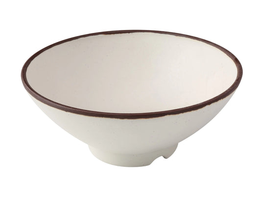 Yanco Ramen Bowl NA-607 Crafted from melamine, this bowl offers a 26-ounce capacity, making it suitable for a variety of dishes. It is both break-resistant and dishwasher safe, catering to the needs of high-use environments while ensuring easy maintenance. With its round shape and elegant ivory color accented by a brown rim, this bowl adds a touch of style to any dining setup. 