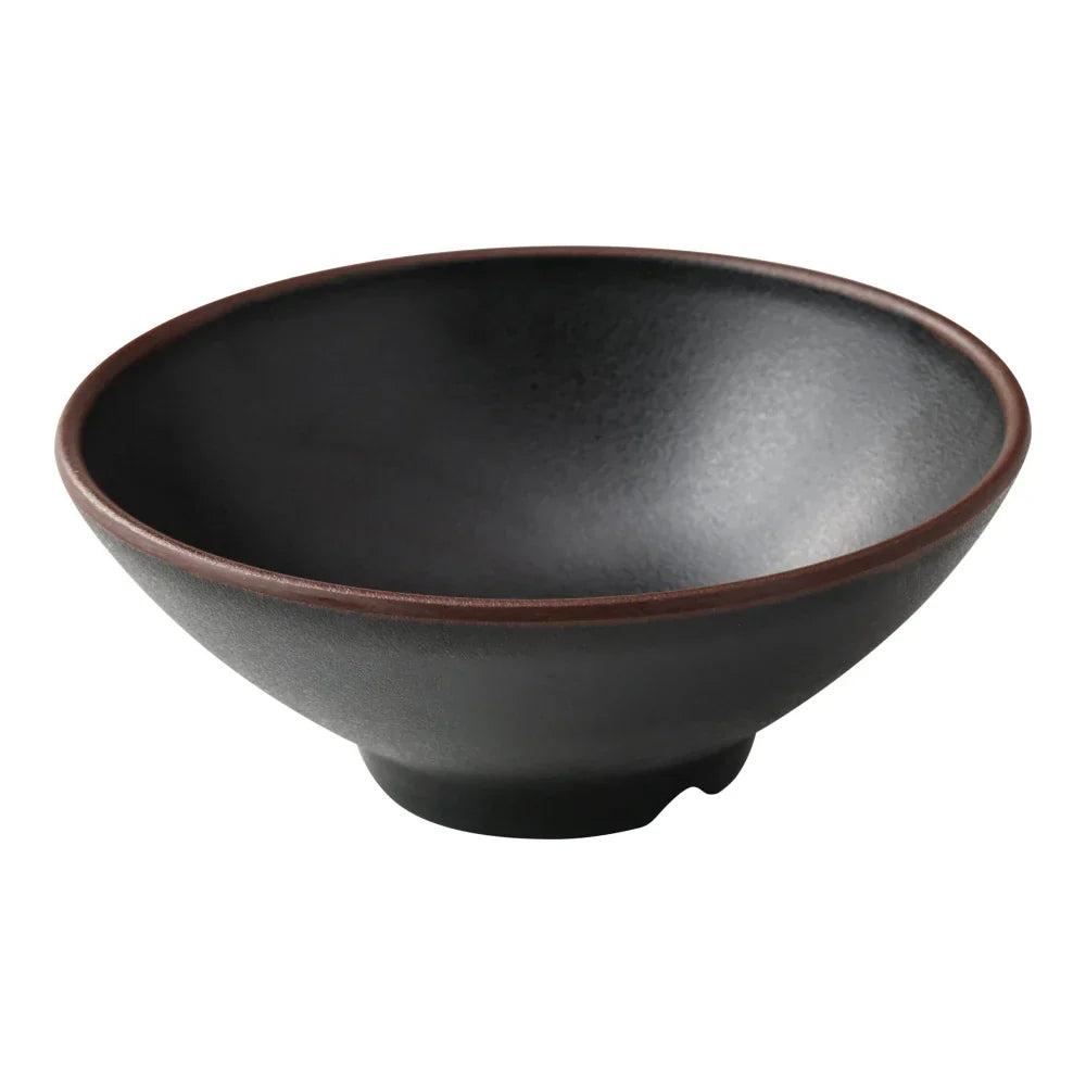 Yanco Ramen Bowl NA-607BK Crafted from melamine, this bowl offers a 26-ounce capacity, making it suitable for a variety of dishes. It is both break-resistant and dishwasher safe, catering to the needs of high-use environments while ensuring easy maintenance. With its round shape and elegant black color accented by a brown rim, this bowl adds a touch of style to any dining setup. 