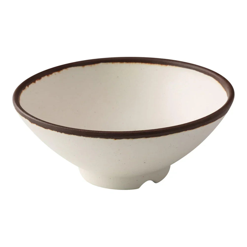 Yanco Ramen Bowl NA-608 Constructed from high-quality melamine, it offers exceptional durability and resistance to breaking, making it well-suited for use in restaurants, hotels, and cafes where longevity is essential. The bowl's round shape, combined with its elegant ivory speckled finish and brown rim, enhances the visual appeal of any meal served. This design not only looks sophisticated but also complements various table settings and decor styles. 