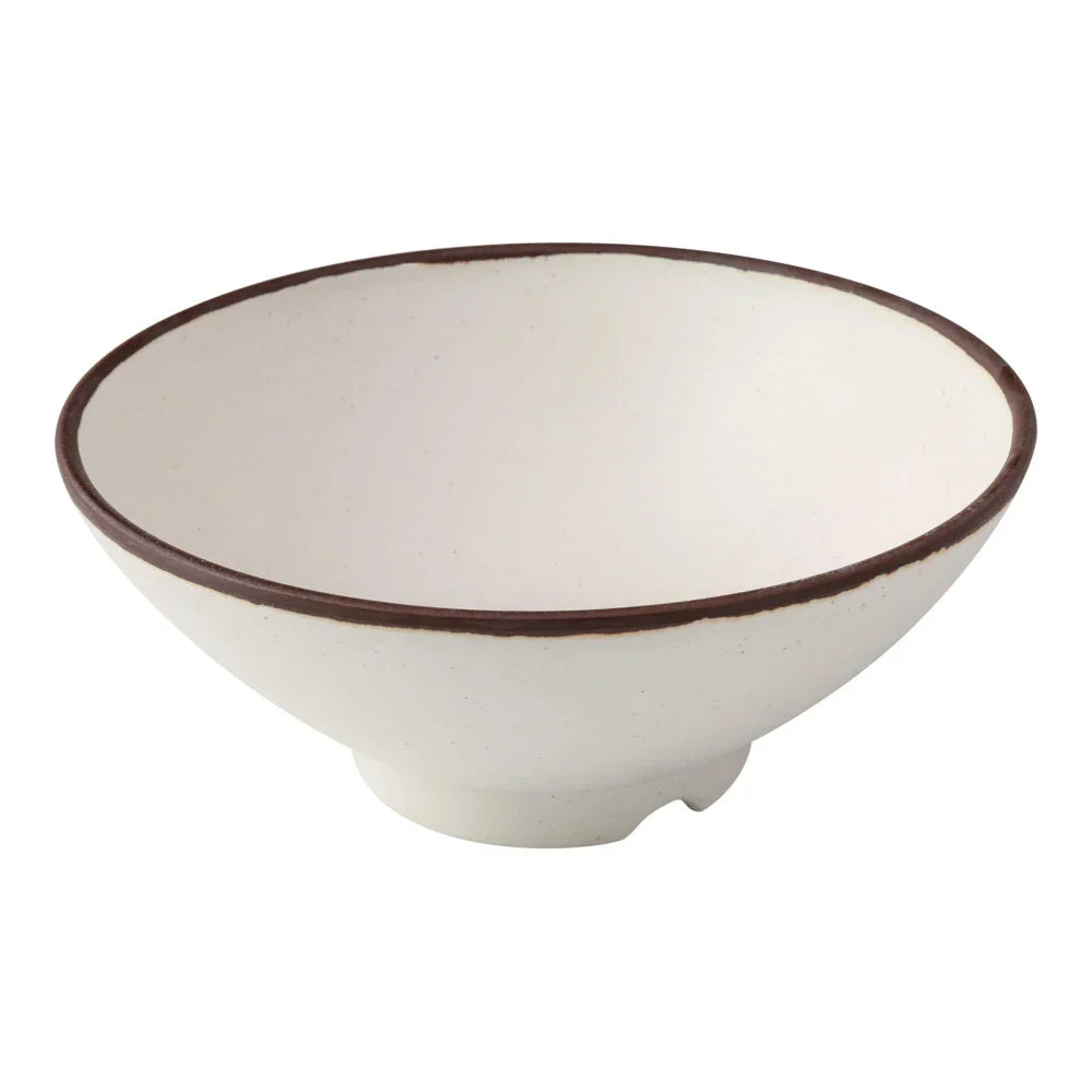 Yanco Ramen Bowl NA-609 This bowl is crafted from durable melamine, known for its break-resistant properties, making it ideal for high-traffic settings such as restaurants and hotels. Designed with an elegant ivory speckled finish and a distinctive brown rim, the bowl adds a touch of sophistication to any table setting. Its design is not only aesthetically pleasing but also complements a range of dining decors. 